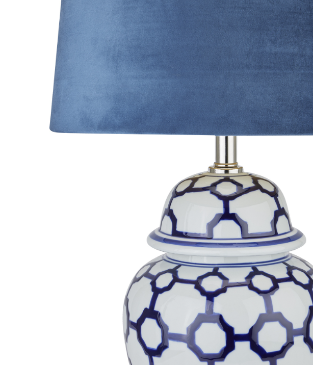 Acanthus Blue And White Ceramic Lamp With Blue Velvet Shade